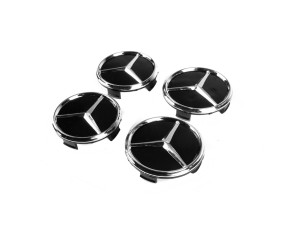 Ковпачки на диски 71/74 мм без кільця (4 шт, чорні з хром знаком) для Mercedes-Benz