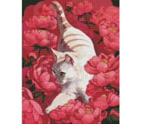 Алмазна мозаїка "Котик у півоніях" 40х50см