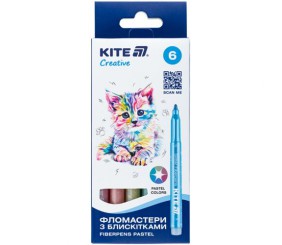 Фломастери з блискітками, набір 6шт, Kite Creative пастель