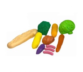 Дитячий набір продуктів: капуста, броколі, кукурудза, багет, морква, булочка, 3 сосиски