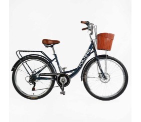 Велосипед міський Corso «Polaris» 26`` PS-12833 + КОШИК СИНІЙ сталева рама 16.5``, Shimano 7 швидкостей, корзина, багажник