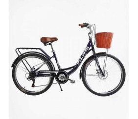 Велосипед міський Corso «Polaris» 26`` PS-36620 + КОШИК БАКЛАЖАНОВИЙ, сталева рама 16.5``, Shimano 7 швидкостей, корзина, багажник