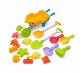 Пісочний набір - тачка 25 х 12 х 10 см, граблі, лопатки, сито, лійка, 10 формочок