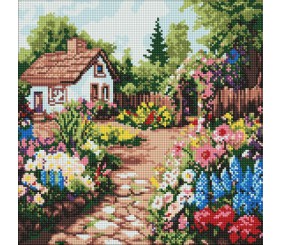 Алмазна мозаїка "Квіткові клумби біля будинку", 40х40 см.