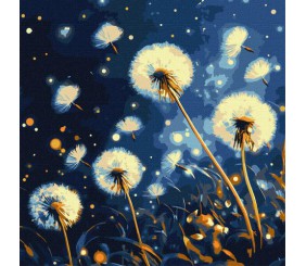 Картина по номерах "Летючі кульбаби у вечірньому небі" з фарбами металiк, 40х40 см