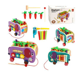 Каталка логічна, дерев’яна (ксилофон, шестерні, пальчикові гра, годинник, стукавка, в коробці)