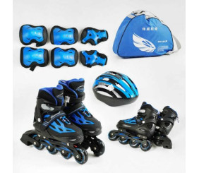 Ролики с захистом 86930-М розмір 35-38 (6) колір СИНІЙ, устілка 20-24 см, колеса PU, КОЛЕСА СВІТЛО, шолом, комплект захисту, d колес – 6.5 см, в сумці
