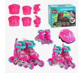 Ролики (розмір 26-28 (6) колір РОЖЕВИЙ, колеса PVC, d колес – 6 см, переднє зі світлом, переставні колеса, шолом, захист, в коробці)