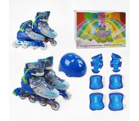 Ролики 9678-31 L розмір 39-43 (6) колір СИНІЙ, колеса PU, d колес – 6 см, устілка 24 см, підсвічування коліс, шолом, захист, в коробці