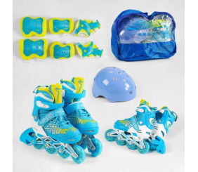 Ролики с захистом 7945-S розмір 31-34 (6) колір СИНІЙ, колеса PU, ПЕРЕДНЄ КОЛЕСО СВІТЛО, устілка 17-19 см, d колес – 6 см, в сумці