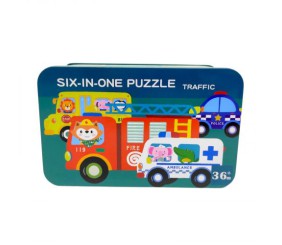Пазли дитячі "Транспорт", деревʼяні, 6 пазлів, пронумеровані, в боксі