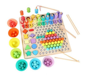 Логічна дошка дерев`яна (кілочки, магнітна риболовля, кульки, цифри, 3 картки, аксесуари для гри)