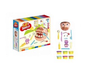 Тісто для ліплення “Стоматолог”, муляжі щелеп, рот чоловічка відкривається, 6 баночок з тістом, форма для виготовлення зубів, інструменти, в коробці