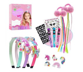 Набір прикрас 3 обручі, 3 ручки з блискітками, прядки, резинки, декоративні елементи, двосторонні наліпки-фіксатори, в коробці