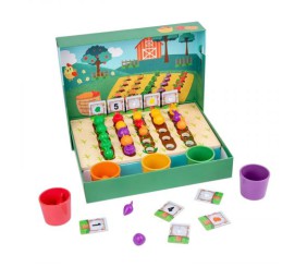 Логічна гра дерев’яна основа, 5 чаш для сортування, 25 гумових овочів, 10 двосторонніх карток із завданнями