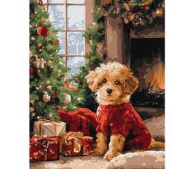 Картина по номерах "Пудель біля ялинки" 40х50 см