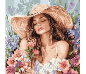 Картина за номерами - Дівчина в капелюсі серед квітів 40х40 см.