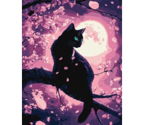 Картина за номерами - "Чарівний кіт серед сакури" з фарбами металік ©art_selena_ua, 40х50см