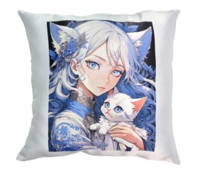 Подушка "Аніме дівчина з кошеням" (розмір 35 см) рожева з нанесенням сублімації