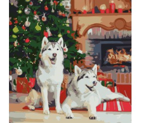 Картина по номерах "Хаскі біля каміну" 40х40 см